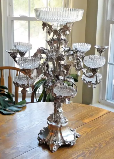 Monumental Antique Silvered Bronze Epergne Center Piece All Original Cut Crystal