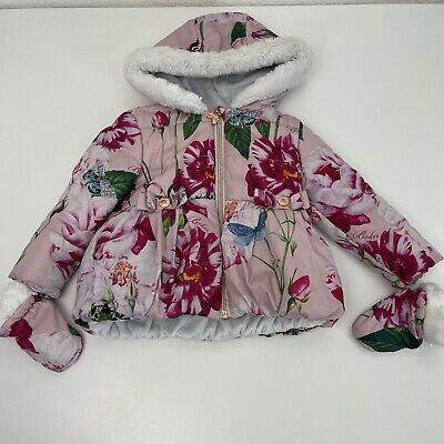 Ted Baker Pink Floral Coat & Gloves Mittens Set 9-12 Months Puffy Hooded Jacket