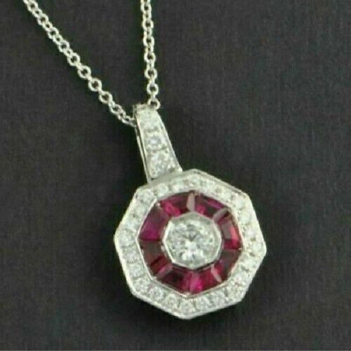 Art Deco Vintage Garnet Red Simulated Diamond Antique Wedding 925 Silver Pendant