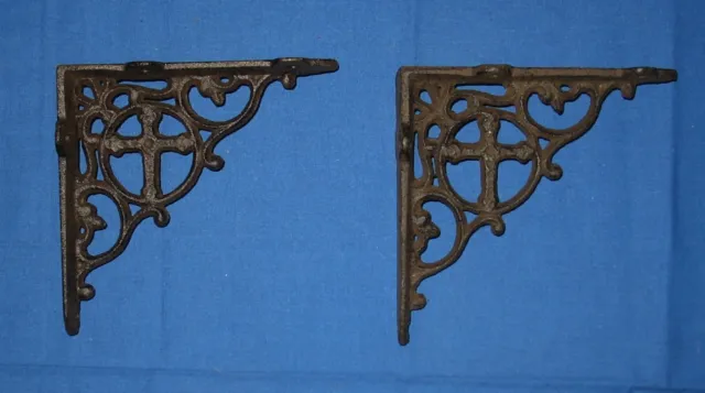 PAIR of cast iron CROSS vintage Style rustic wall shelf support brackets Corbels