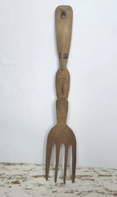 Tiki Fork -MCM Carved Teak Wood Wall Decor Tiki God