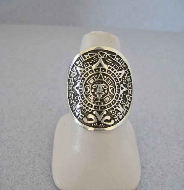 Aztec Calendar Mayan 925 Silver Taxco Mexico Chicano Latino Ring Size To Choose 2