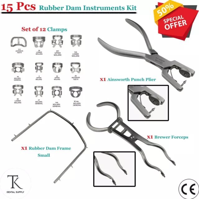 Dental Rubber Dam Kit Clamp Forceps Brewer Ainsworth Punch Plier Clamps & Frames