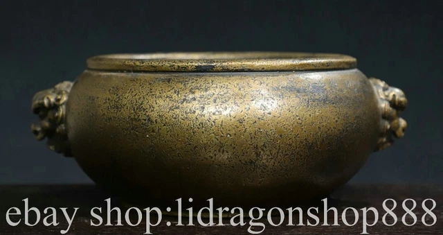 8" Marked Chinese Copper Gilt Dynasty Lion Head censer incense burner