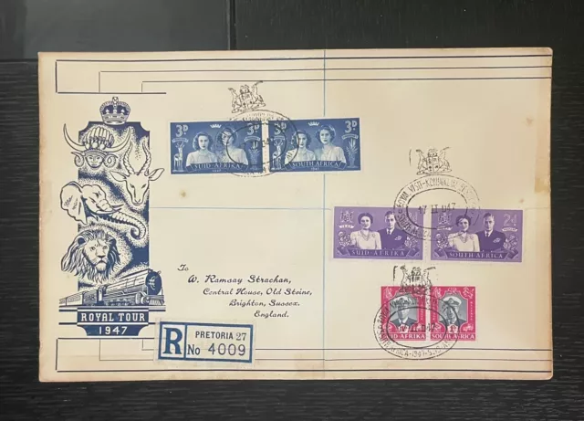 Antique Cover 1947 South Africa FDC Royal Tour Pretoria Registered To GB