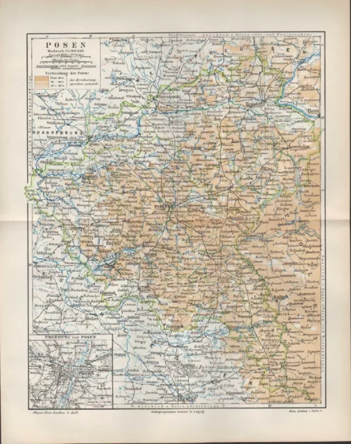 Landkarte map 1896: Preussische Provinz POSEN. Umgebung der Stadt Posen