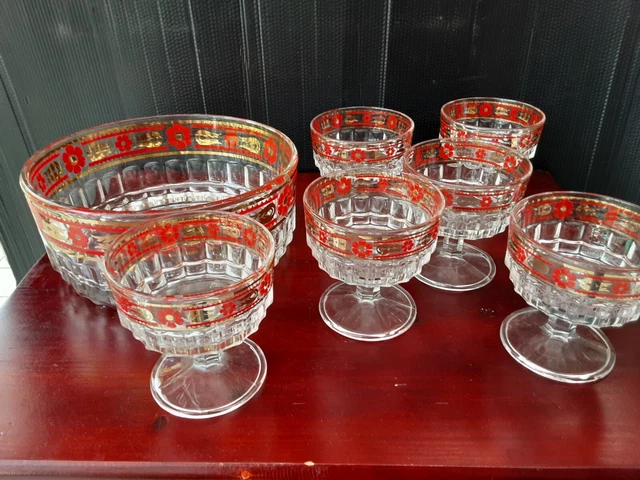 Service à Dessert Vintage – Grand Saladier + 5 Coupelles – Motif Fleurs Bleues – Verre Cristal