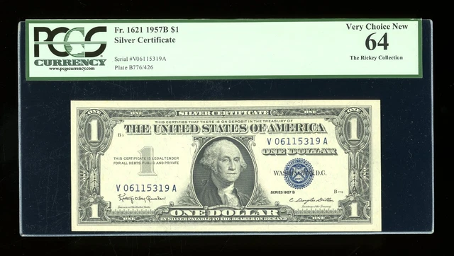 DBR $1 1957-B Silver Fr. 1621 VA Block PCGS 64 Serial V06115319A