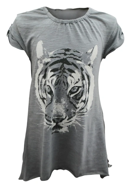 Girls Zara T-Shirt Top Short Sleeve Tiger Print Cotton Grey Age 2 to 14 Years