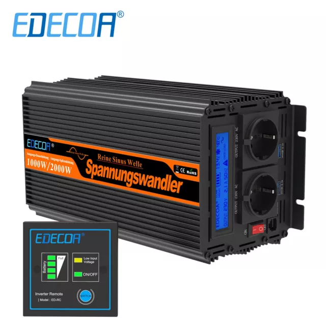 EDECOA Convertitore 12V 220V Onda Sinusoidale Pura 1000W Inverter LCD