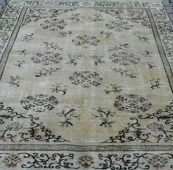 Nice 9'x5 feet distressed muted wool rug faded oriental medallion grey Carpet