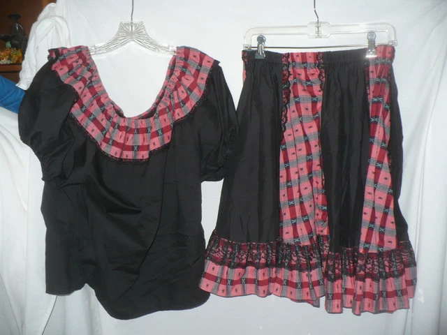 Pitchfork Brand Square Dance Set Blouse Skirt Black Red Pattern Lace  ML