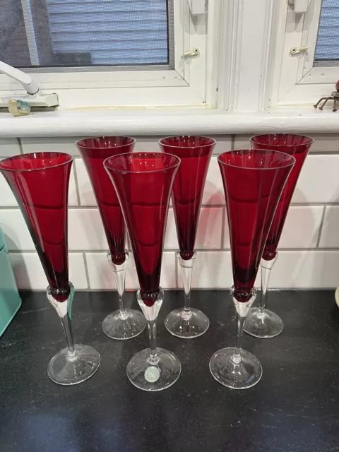 6 LENOX Ruby Red Champagne Flutes Czech Glass