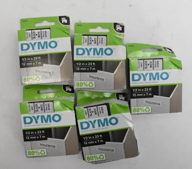 Dymo 45013 Black/White Label Refills 1/2” x 23’ Lot Of 5 OEM Genuine Replacement