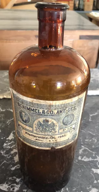 Antike Apothekerflasche Schimmel & Co Leipzig Milnitz Pfefferminzöl - rekt. RAR!