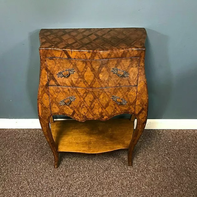 Small Italian Burl Olive Wood 2 Drawer Side Table Bombay Dimond Inlay Commode