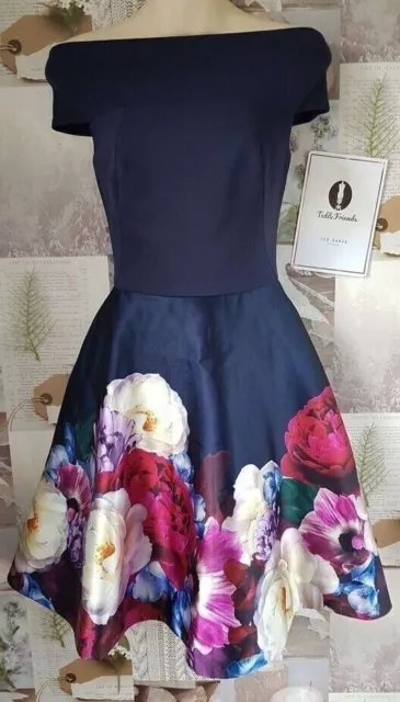 Ted Baker Nersi Navy Bardot Boat Blushing Bouquet Cocktail Skater Dress UK 6