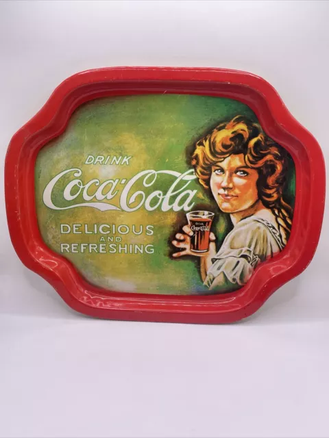 Vintage Red Rim Metal Tray Delicious & Refreshing Coca-Cola Soda Advertising E5 3