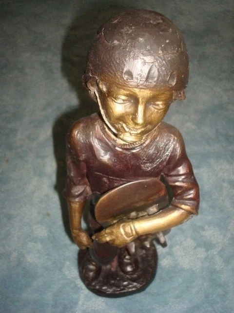 16" Art Déco Bronce Niño Sarcófago Su Monopatín Estatua