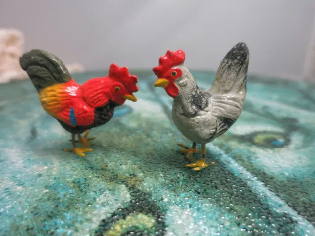 Vintage Rooster Toy Figurine plastic with metal feet lot of two