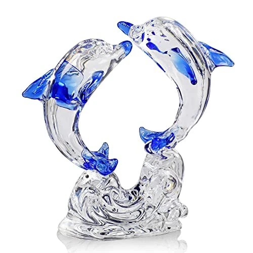 Double Crystal Glass Dolphins Figurines Collectibles, Sea Animal Sculpture St...