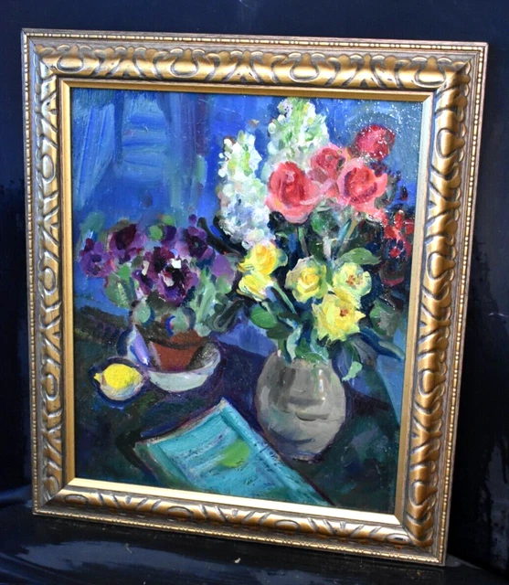 Tableau ancien huile Nature morte aux fleurs et citrons signé XXème