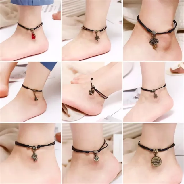 Women Bohemia Retro Pendant Anklet Fashion Simple Red Black Braided Rope Anklet