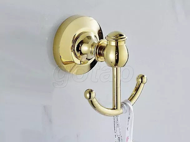 Golden Brass Wall Mount Coat Hooks Towel Robe Double Hook Bathroom Accessories