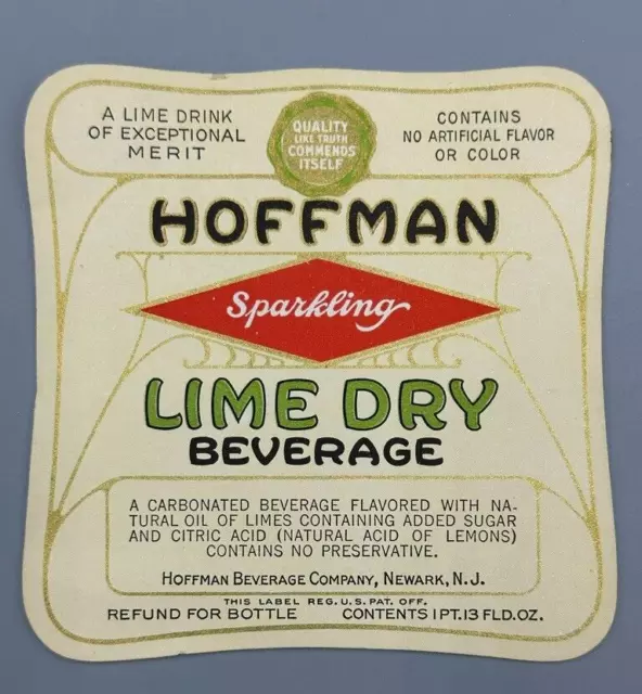 1930s Hoffman LIME DRY SODA Bottle Label Newark NJ Antique Advertising