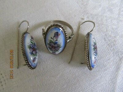 New Vintage Collectible Russian Rostov Finift Porcelain Set Ring And Earrings