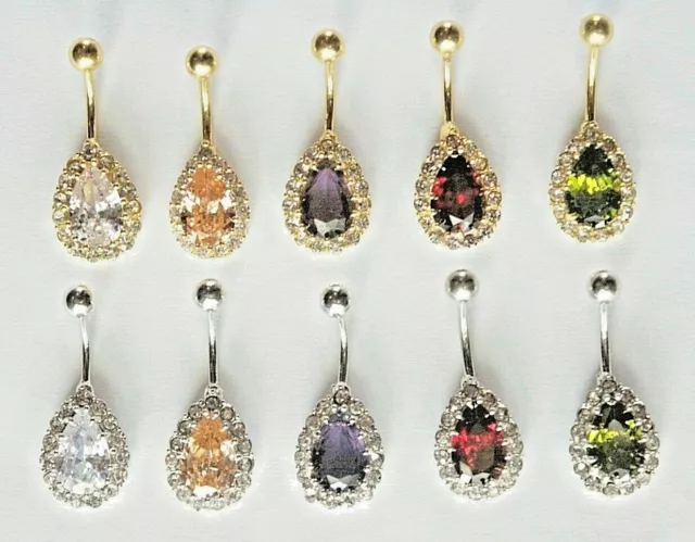 Large CZ Cluster Crystal Teardrop Water drop Gem stone BELLY Ring NAVEL Bar Gold