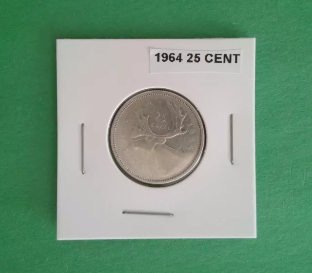 1964 - 25 Cent, Quarter Dollar Canadian Silver Coin-Queen Elizabeth II, Caribou
