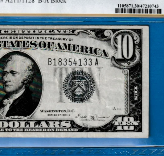 KEY DATE  $10  1934 B  SILVER CERTIFICATE  Serial # B 18354133 A  Fr.1703  PCGS