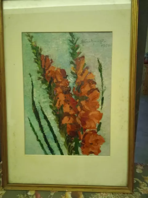 Quadro Olio Vintage , anno 1950, Fiori Gladioli 2