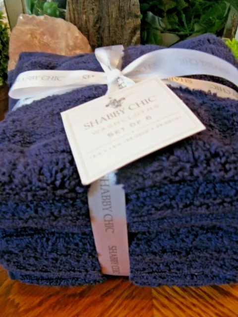 New Rachel Ashwell Shabby Chic Textured Deep Blue Cotton Wash Cloths Set of 6