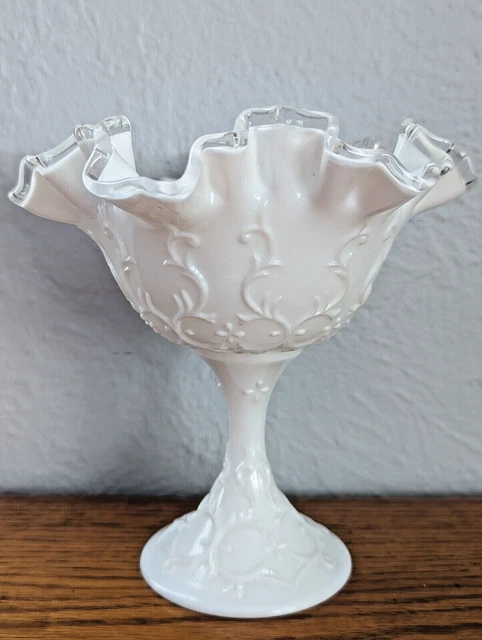 Vintage FENTON Spanish Lace Silver Crest Ruffled Pedestal Candy Dish
