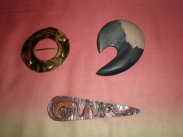 brooch lot- 2 large interesting studio pieces and scarf ring