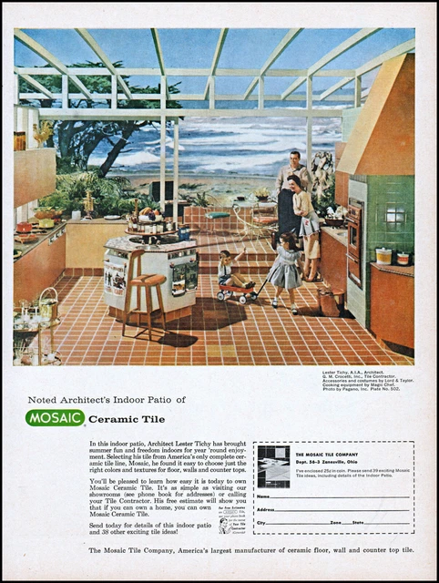 1958 Family indoor patio ocean view Mosaic Ceramic Tile vintage art print ad L56