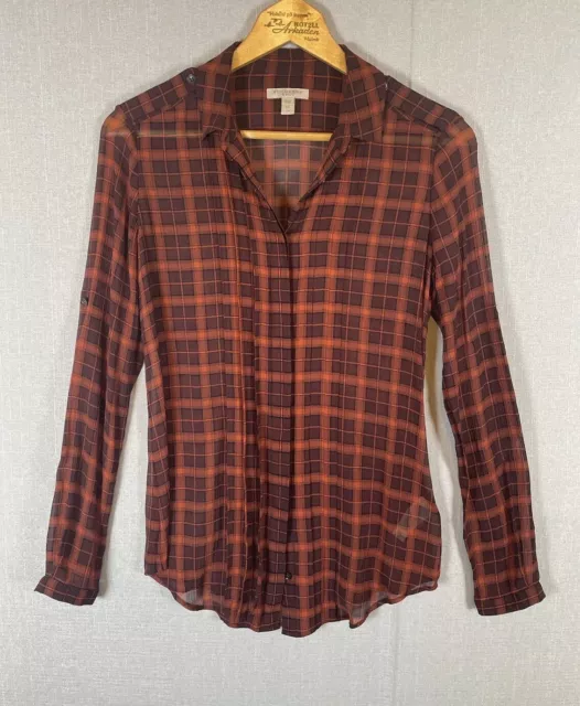 Burberry Brit Womens Size XS Plaid Silk Crepe Roll Tab Long Sleeve Top Shirt EUC