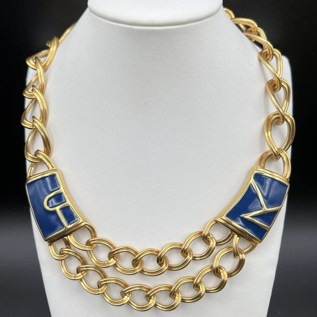 VINTAGE SIGNED Blue Enamel Chunky Double Strand Gold Tone Chain
