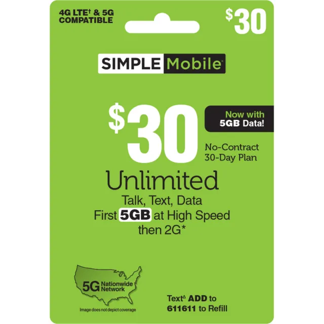 SIMPLE Mobile $30 Unlimited Talk,Text&Data (5GB High–Speed)[Email Delivery]