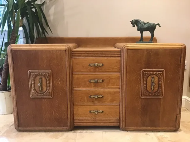 Vintage Art Deco Carved Oak Sideboard  Drinks Cabinet  Cupboard Storage