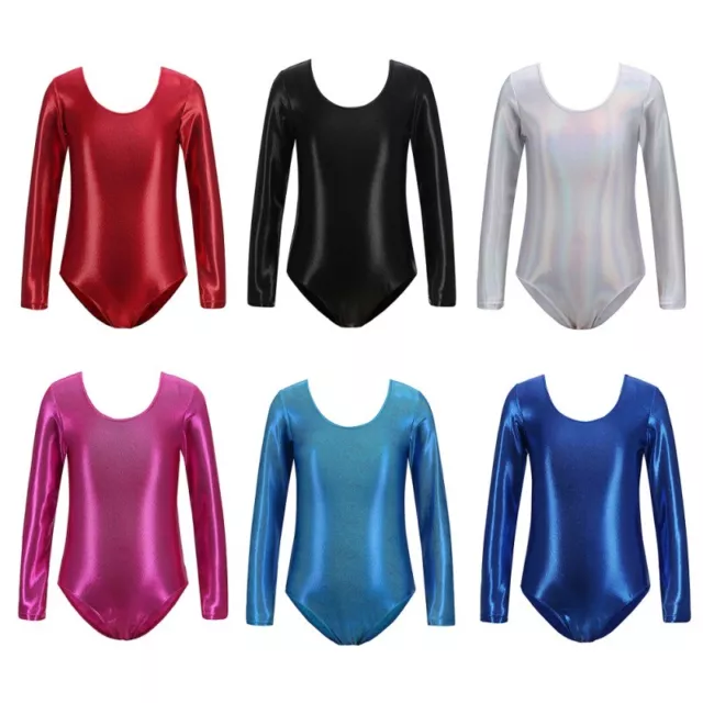 Kids Girls Long Sleeve Leotard Ballet Dancewear Gymnastics Solid Color Bodysuit