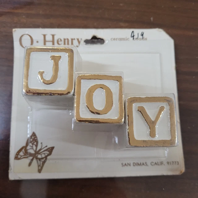Joy Christmas Macrame Ceramic Beads 1 1/4" Cubed Vintage Sealed Package Gold