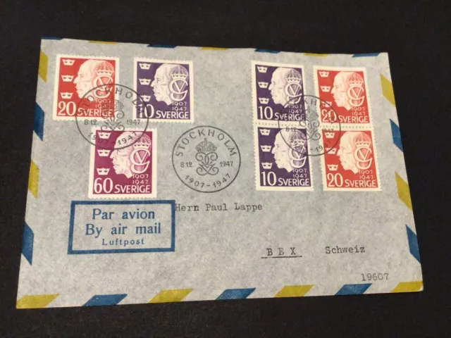 Sweden Stockholm 1947 multi stamps airmail postal cover Ref 59505