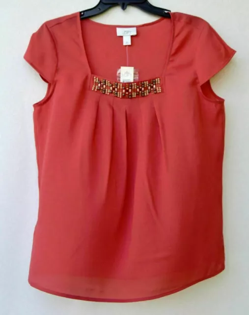 NWT Ann Taylor LOFT Orange Red wood beads square neck women's blouse Top S, M, L