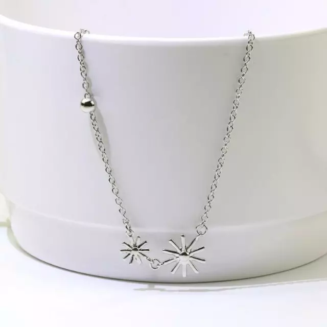 Double Flower Daisy Silver SP Sunshine Bead Pendant Chain Necklace