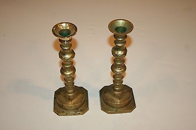 Antique Pair Ornate 9" Victorian English Brass Candlestick Holders w Square Base