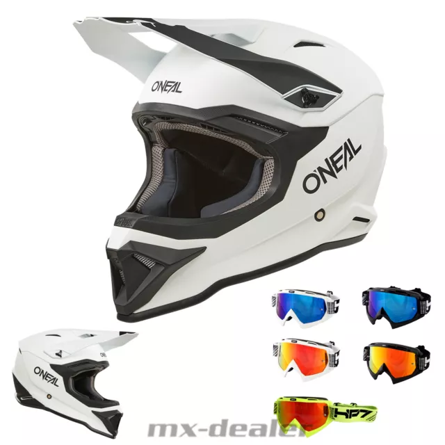O'Neal 1 SRS V24 ECE06 Solid Weiß MX Helm Crosshelm + HP7 Brille Motocross Cross