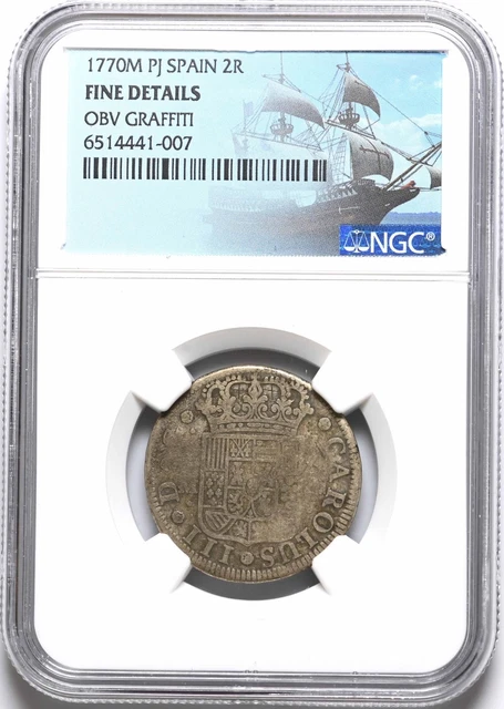 COLONIAL ERA SPAIN. Carlos III, Silver 2 Reales, 1770, NGC Fine Details